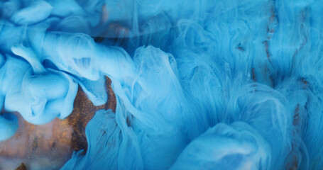 Smog blend. Color water. Defocused vibrant blue ink vapor swirling pigment particles spreading on acrylic art abstraction.