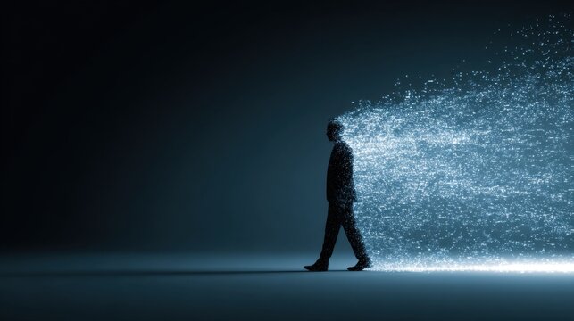 A silhouette of a person walking while dissolving into digital particles, symbolizing transformation or digital disintegration against a dark background.