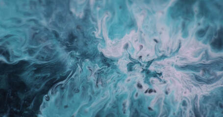 Blend ink. Abstract stains. Defocused blue purple color stream water liquid drip shiny particles spreading on art dark black background.
