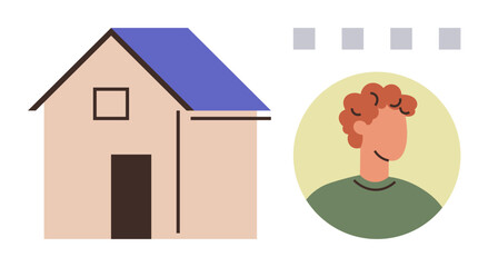 A house with a blue roof and a figure profile in a circular frame beside it. Ideal for real estate, homeownership, personal identity, community, property management, building design, teamwork. Simple