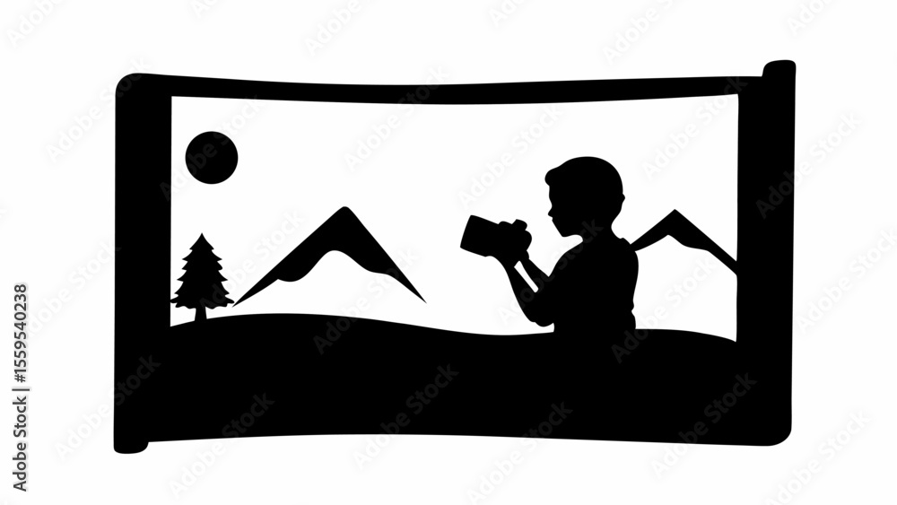 Poster silhouette of a person taking a picture of a landscape with mountains tree and sun inside a rectangu