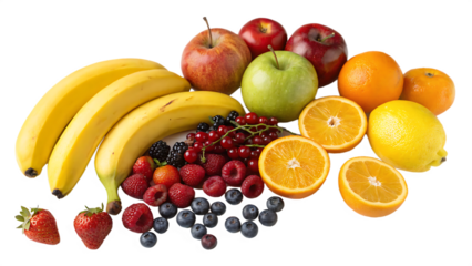 Bananas, apples, citrus, and berries dominate regular fruit consumption isolated on a white background PNG. AI GENERATED.