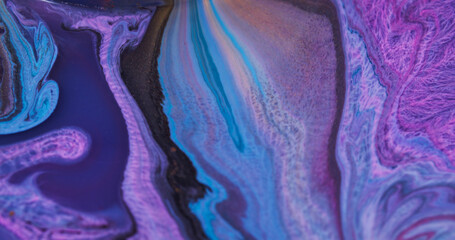 Spill texture. Ink ripple flow. Blur purple yellow blue color water golden mix fluid emulsion...