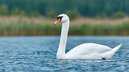 Fototapeta premium Elegant white swan gracefully gliding on a tranquil lake.