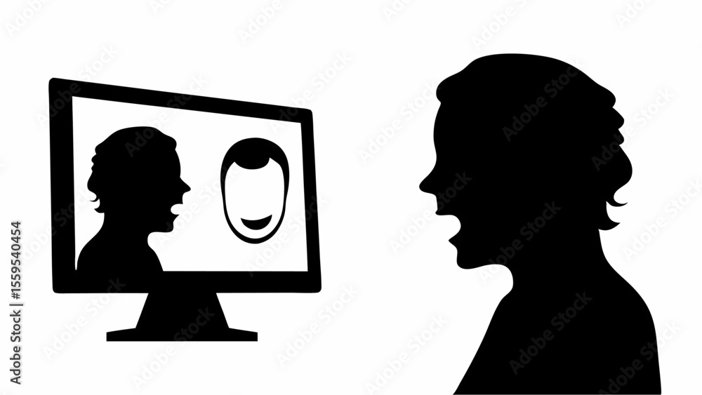 Fototapete silhouette of a person shouting at a computer screen displaying two faces in black and white style d