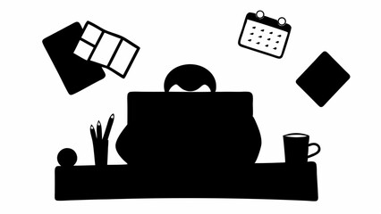 Silhouette office desk with calendar, papers, pencils, mug, and a person behind the desk view only hair