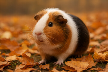 Adorable Tri-Color Guinea Pig on Autumn Leaves