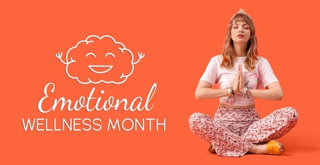 Banner for Emotional Wellness Month meditating young woman