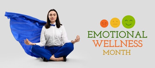 Banner for Emotional Wellness Month with meditating businesswoman as superhero