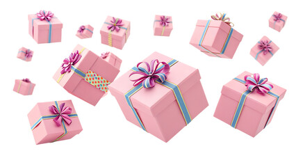 Flying gift pink boxes wrapped with ribbons float isolated on a white background PNG. AI GENERATED.