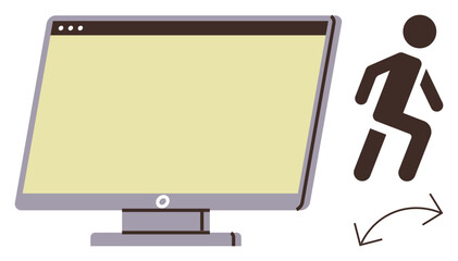 Desktop monitor next to an active jumping person with motion arrows. Ideal for digital transformation, adaptability, technology adoption, speed, user interaction, innovation, modern workflow. A