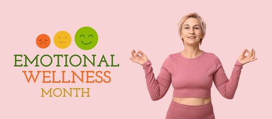 Banner for Emotional Wellness Month with meditating mature woman