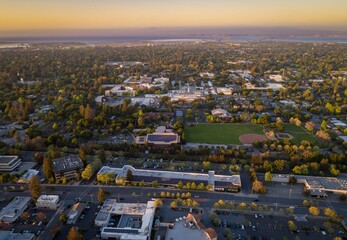 Aerial view of Menlo Park, California, USA, showcasing the city's landscape. The photo highlights...