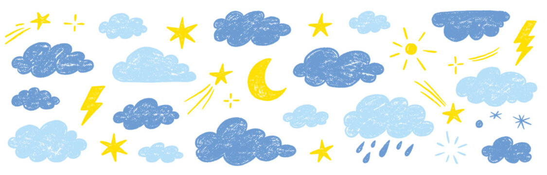 Crayon hand drawn pencil cloud element set. Hand drawn pastel crayon pencil stroke star, cloud, sun elements. Cute baby color sky elements school background with chalk texture. Vector illustration