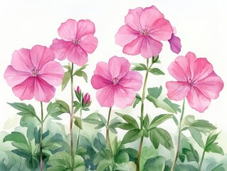 Watercolor illustration of pink flowers and foliage