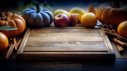 Thanksgiving background showcasing a rustic wooden cutting board surrounded by pumpkins, apples, and cinnamon sticks. The cutting board provides a clean, empty space in the middle for text