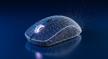 Obraz premium A futuristic computer mouse, seemingly composed of countless glowing particles, sits on a reflective surface
