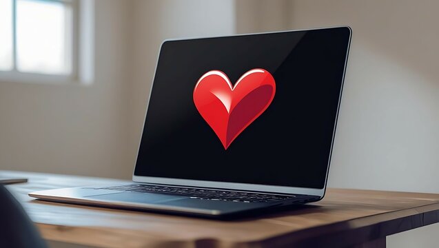 Mental Health Technology and Workplace Wellness, an open laptop on a wooden desk in a bright office displaying a red heart icon on its screen in morning light