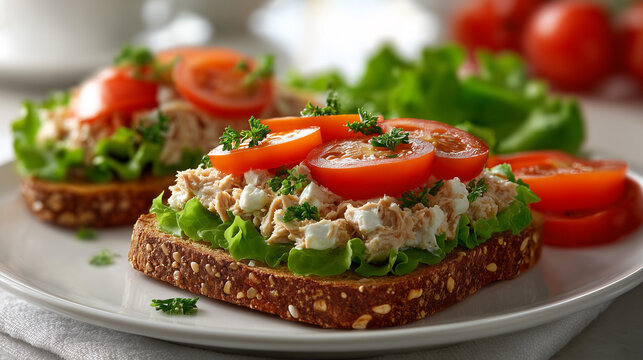 A close-up of a fresh, healthy tuna sandwich served on whole grain bread, with crisp lettuce and juicy tomato slices. One image shows the open-faced sandwich with ingredients separated for cla ( (4)