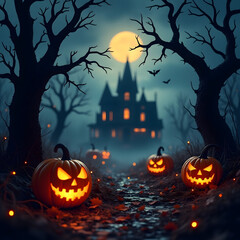 Spooky Halloween Night with Glowing Pumpkins and Haunted House