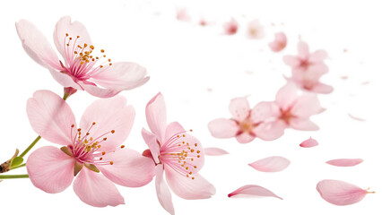 Flying beautiful pink petals of sakura flower falling isolated on a white background PNG. AI GENERATED.