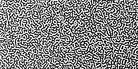Abstract Turing organic wallpaper with background. Turing reaction diffusion monochrome seamless pattern with chaotic motion. Linear design with biological shapes. Reaction-diffusion or truing pattern