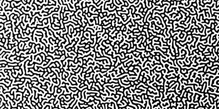 Abstract Turing organic wallpaper with background. Turing reaction diffusion monochrome seamless pattern with chaotic motion. Linear design with biological shapes. Reaction-diffusion or truing pattern