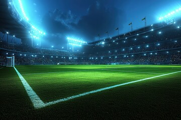 A brightly lit soccer stadium at night, showcasing a green pitch and crowd