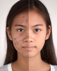 Oily skin + acne all over the face compared to clear skin like a teenager ,Oily skin and acne in Asian teenagers