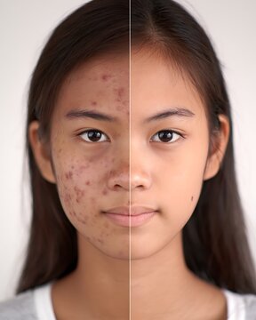 Oily skin + acne all over the face compared to clear skin like a teenager ,Oily skin and acne in Asian teenagers