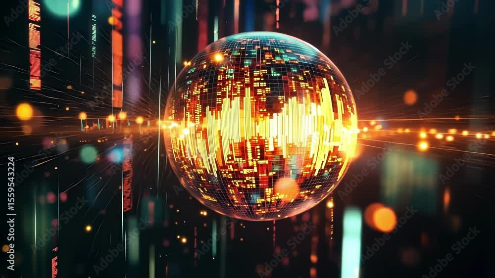 Aufkleber Complex data streams flowing into a glowing sphere. Symbolizing advanced data processing and analysis in a futuristic cyberspace environment with colorful lights and digital code cascading around it