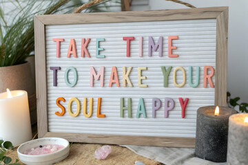 Soulful Invitation: A heartwarming message displayed on a letter board, surrounded by candles, encouraging introspection and joy in a moment of mindfulness.