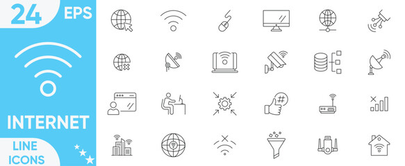 Internet icon Vector and illustrator set.Website, server, web design, network, Wi Fi, browser, cloud, download, upload, search, firewall and more.