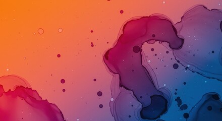 Photo of an abstract painting with dynamic ink splatters in shades of orange, blue, and purple