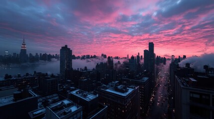Obraz premium Dramatic City Skyline Under Pink And Purple Sunset Sky Over Mist Covered City