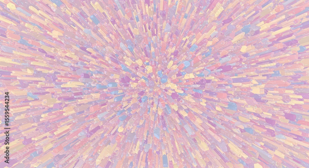 Poster photo of a pastelcolored 3d render of an abstract explosion of geometric shapes, creating a soft and