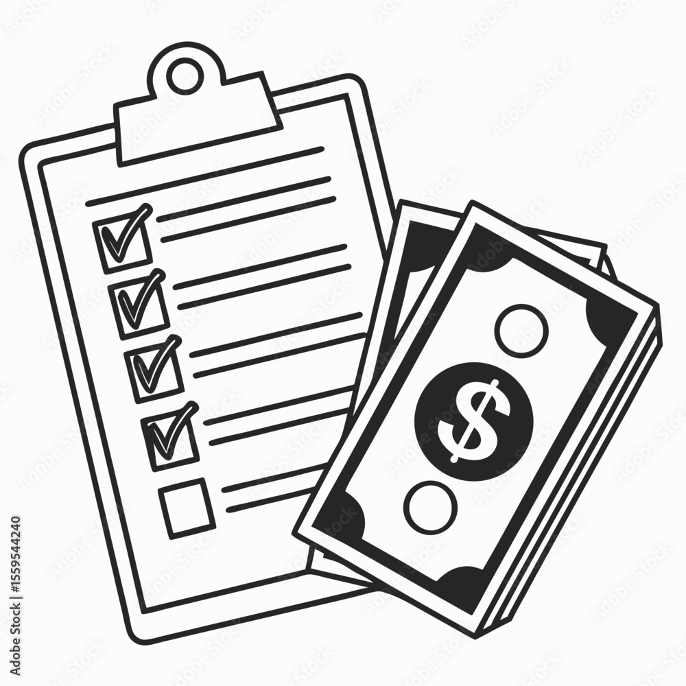 Poster a checklist on a clipboard with several items marked with checkmarks next to a stack of money with a