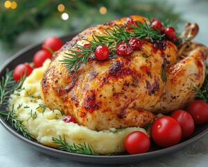 Roasted whole chicken with mashed potatoes and cranberries