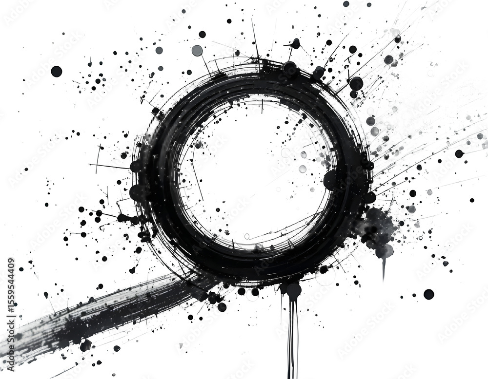 Poster dark abstract grunge design displays a shadowy circle with splatters and streaks for artistic backgr