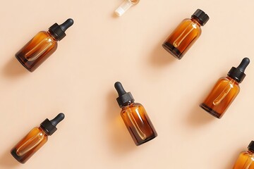 Amber glass dropper bottles with black caps arranged diagonally on a neutral peach background