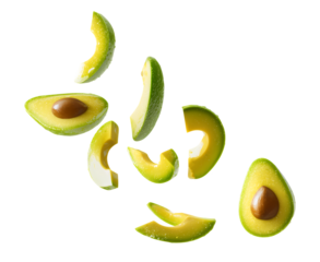 Floating Diced fresh avocado isolated on transparent background, realistic floating green fruit pieces, healthy food ingredient for clean eating and vegan design isolated on a transparent background