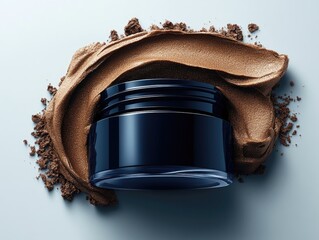 Dark blue jar of cosmetic product atop a swirled brown substance