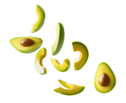 Floating Diced fresh avocado isolated on transparent background, realistic floating green fruit pieces, healthy food ingredient for clean eating and vegan design isolated on a transparent background