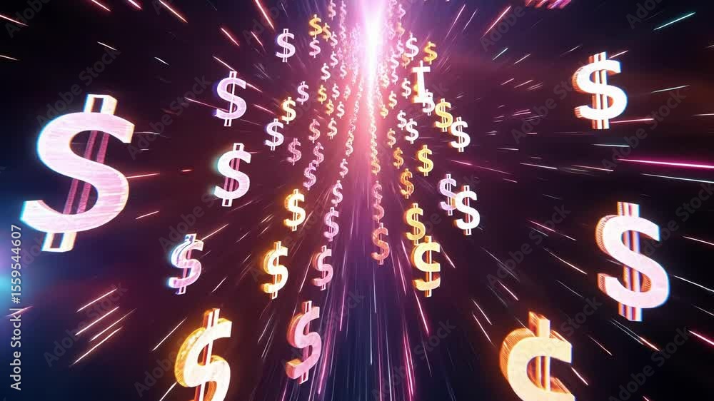 Aufkleber glowing dollar signs are flying through digital space with light streaks and particles, creating a d