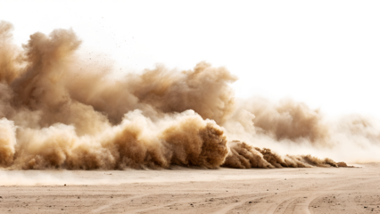 A thick, dramatic cloud of brown dust and sand rises and spreads across a dry, textured desert ground with a black background.
