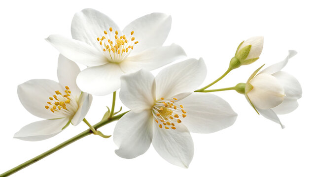 Fototapeta Flying a beautiful white flower of jasmine falling isolated on a white background PNG. AI GENERATED.