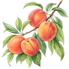 "Watercolor illustration of ripe peaches on a leafy branch."

