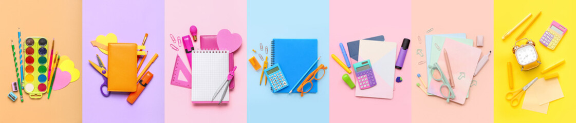 Set of school stationery on color background, top view