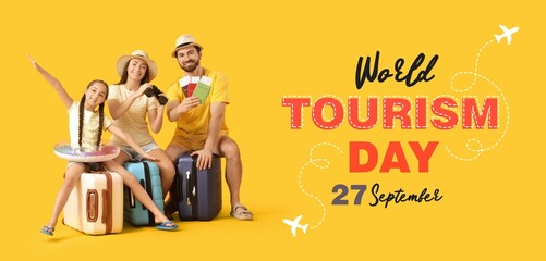 Happy family with luggage on yellow background. Banner for World Tourism Day