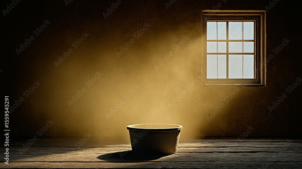Poster empty planter in a dimly lit room with a window.